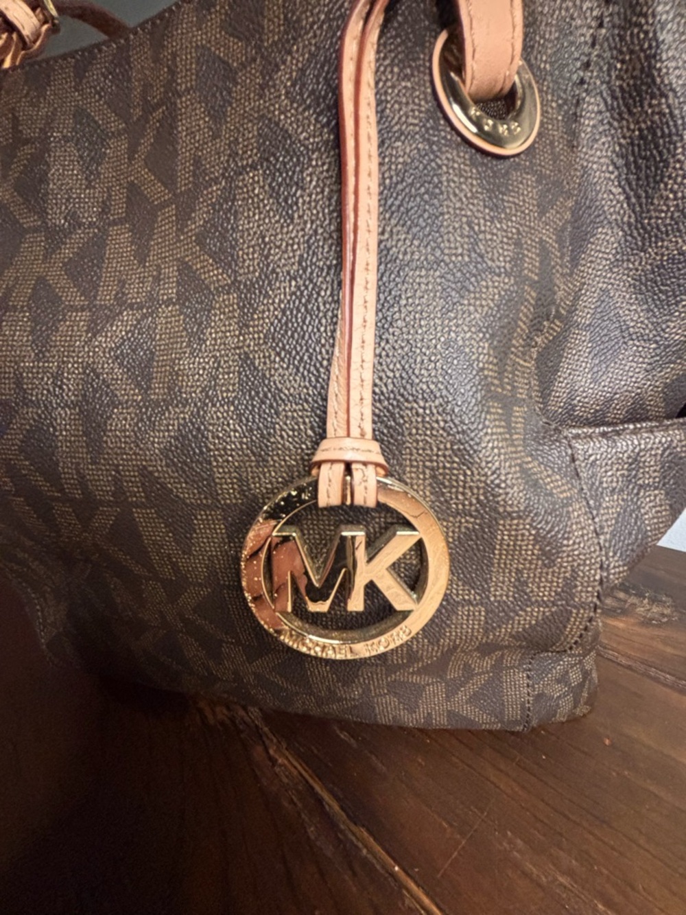 Michael Kors Vintage Brown MK Logo Signature Tote with Tan Straps Quiet Luxury - Picture 7 of 10